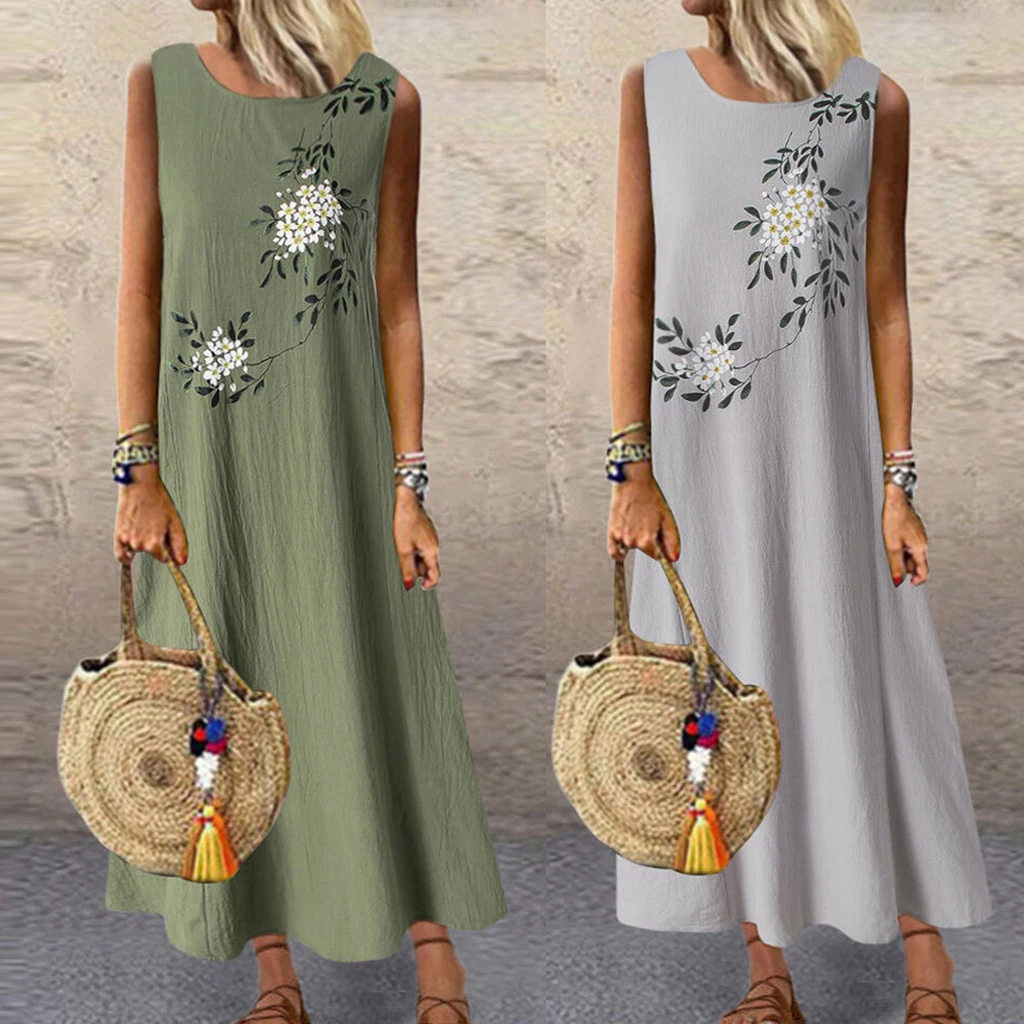 

Женское льняное платье макси, свободное винтажное платье с цветочным принтом, без рукавов, с круглым вырезом, на бретелях, размера плюс, M-5XL