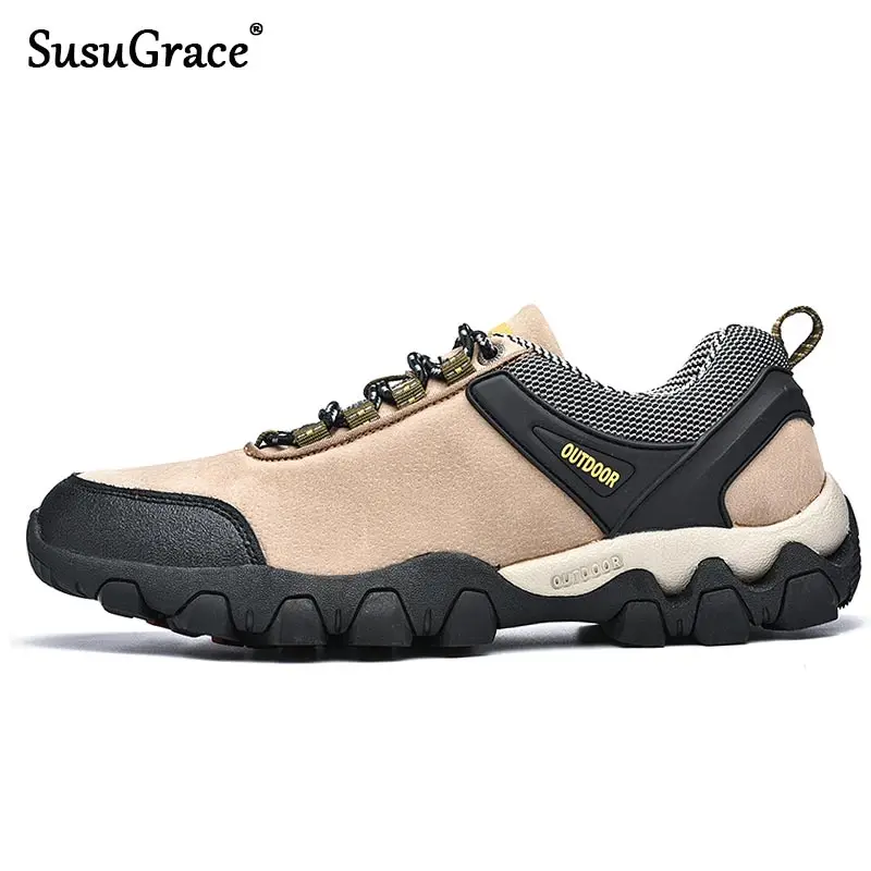 

SusuGrace Quality Men Hiking Shoes Outdoor Leather Trekking Sneaker for Man Breathable Sport Slip Resistant Lace-up Footwear New