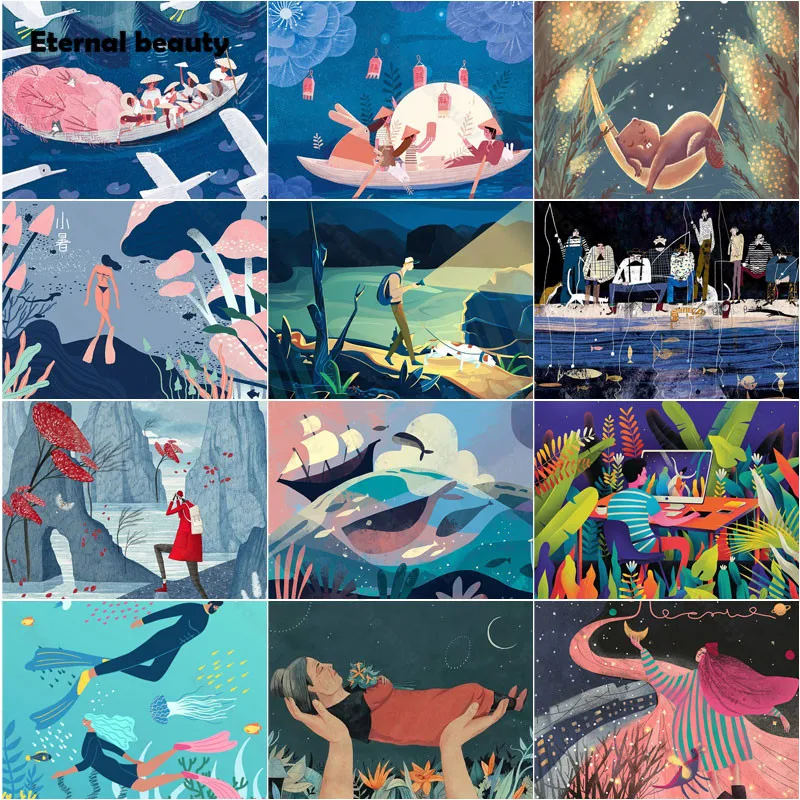 

Diamond Painting Illustration Art People Boating and Fishing Full Square Diamond Embroidery Handmade Gift Diamond Mosaic Picture