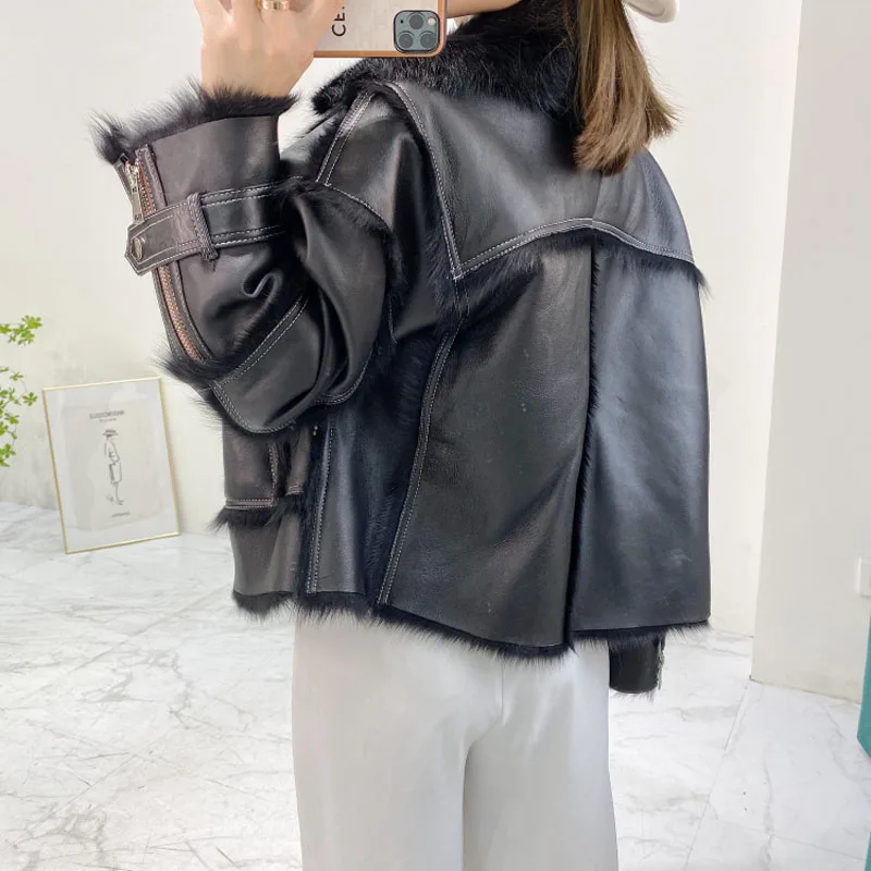 

Import Tuscany Real Sheep Fur Coat Winter Women Short Wtyle Casual Full Plet Outerwear Turn-Down Collar Long Sleeve Jacket