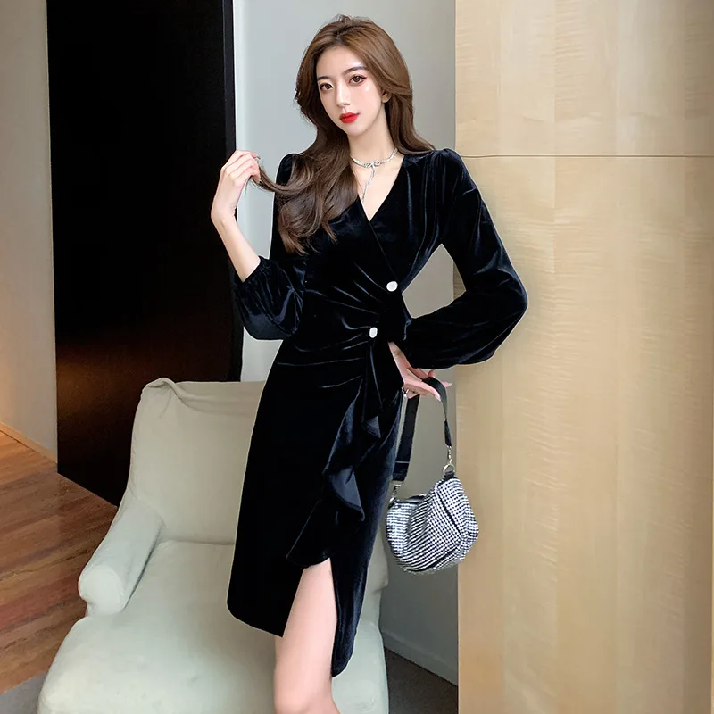 

Women's New Graduation Dresses V-Neck Velour Full Sleeve Button Draped High Split Knee-Length Simple Black Elegant Banquet Gowns