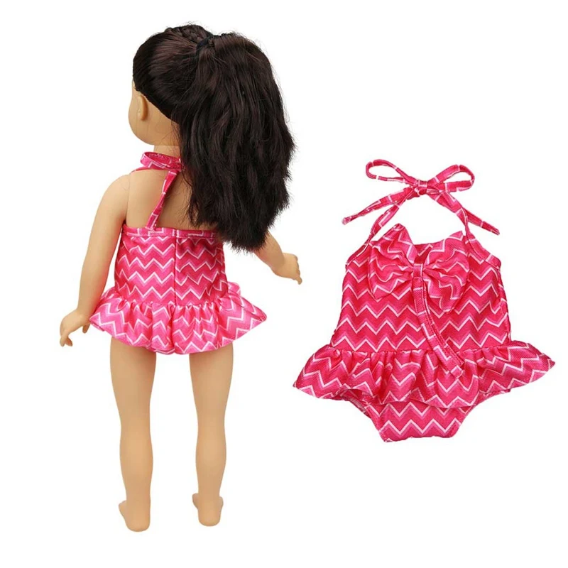 

Girl Swimsuit Dress For 18inch American Doll Clothes Trendy Rose Red Wave One-piece Lacing Swimwear