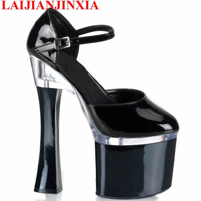 

big:35-45 46 CDTS Ankle Round Toe Strap shoes woman Newest 18cm Square heels platform Patent Leather bridal/wedding pumps
