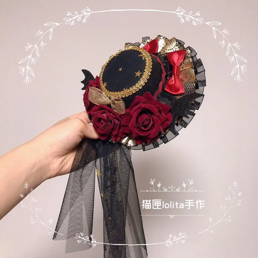 lolita Vintage Small Top hat Girl Party Cosplay Black red Star gauze Gothic rose little devil formal Gorgeous Headwear Props |
