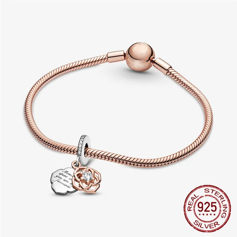 

925 Sterling Silver Pendant fine jewelry Sparkling Two-tone Rose Charm Elegant Luxury Fine Jewelry Fit Original Pandora bangle