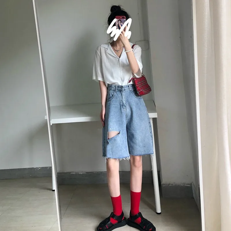 

Shorts Womens Summer Casual Hole High Waist Riped Button Denim Trousers Casual High Waist Blue Street Style Chic Female