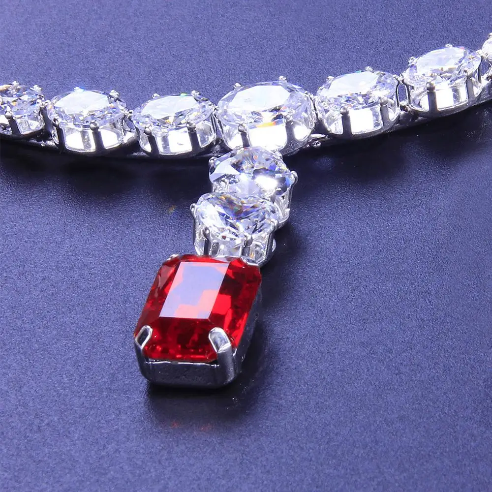 

GLAMing Vintage Red Crystal Pendant Necklace Women Silver Plated Cubic Zirconia Womans Necklace And Earrings Set for Wedding