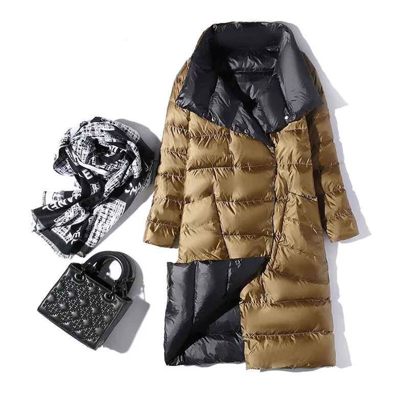 

2020 Women Double Sided Down Jacket Winter Turtleneck White Duck Down Coat Double Breasted Long Down Parkas Female Warm Outwear