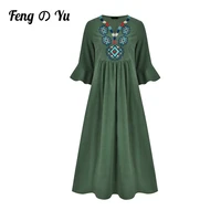 dubai turkey arabian green three quarter sleeve robe muslim fashion lotus leaf sleeve dress ladies loose embroidered robe