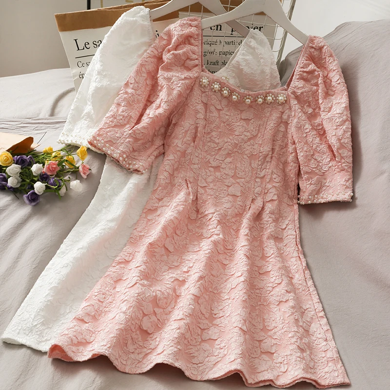 

Платье для девочек 2021, летнее милое бальное платье с квадратным вырезом и бисером, женское новое универсальное платье в западном стиле с тис...