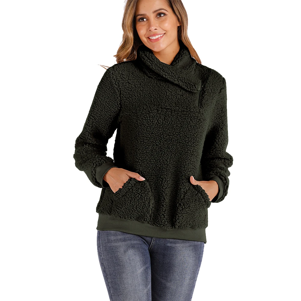 

Travel Thickened Long Sleeve Women Sweatshirt Zipper Daily Solid Autumn Winter Warm Artificial Fleece Soft Turtle Neck Casual