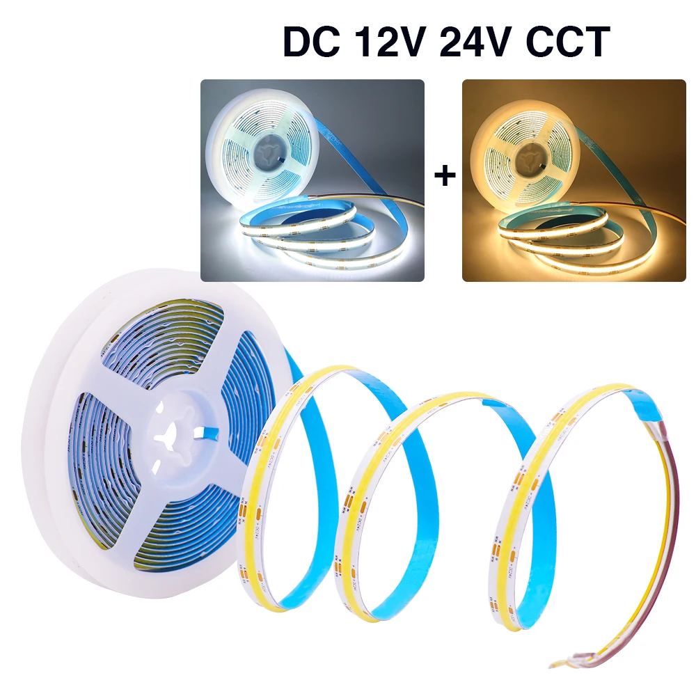 

DC 12V 24V CCT COB Strip 512 LEDs/m Engineering Lights IP21 White+Warm White Flexible Ribbon Tape LED Light 5m/lot