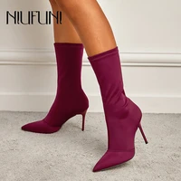 spring autumn simple silk stiletto women boots high heels stretch fabric pointed toe ankle boots slip on short tube shoes satin