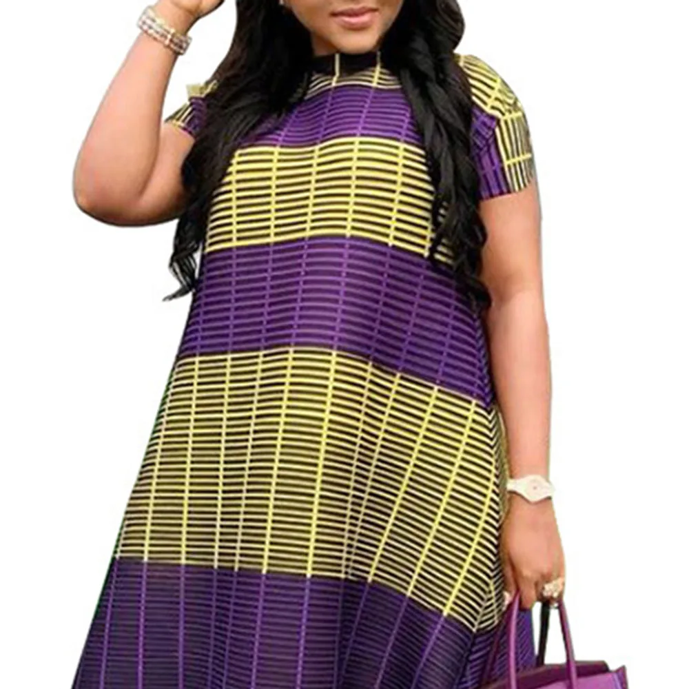 

Western Style Women Round Neck Folds Loose Color Contrast Stripe Oversize Casual African Summer Dress 2021 Summer