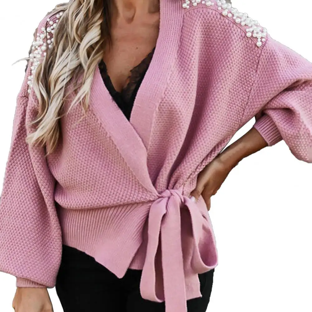 

Women Sweater Long Sleeve V-neck Bowknot Pearl Pure Colors Waist Knitted Lace-Up Cardigan Sweater Fashion Casual Pullover Tops
