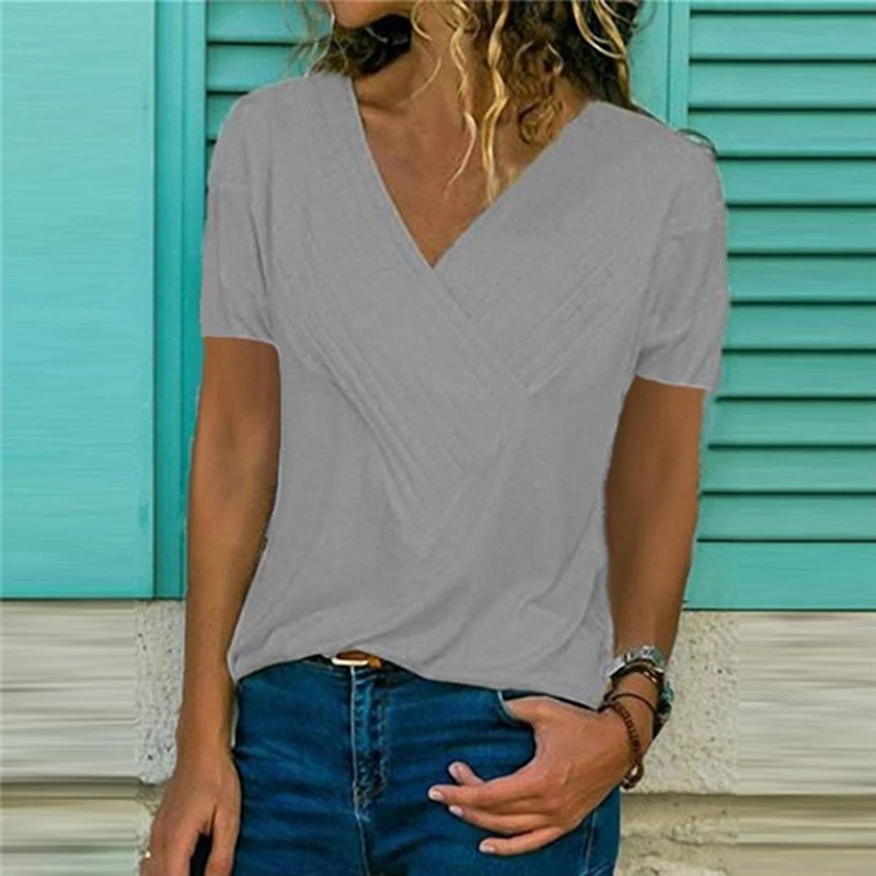 Белая футболка с v-образным вырезом для женщин летняя однотонная хлопковая