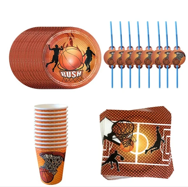 

hot New arrived Basketball Theme Tableware Set Boys Favor Basketball Birthday Party Paper Plate Cup Napkin Tablecloth Supplies