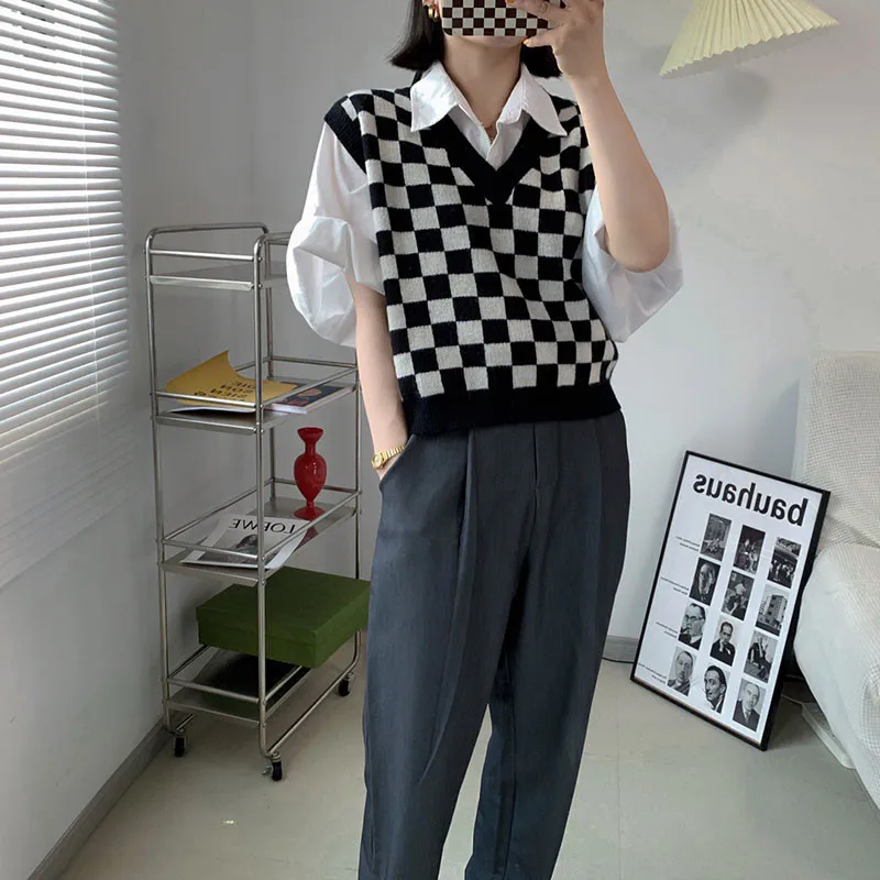 

Женский клетчатый свитер Y2k, жилет, вязаный клетчатый Топ, винтажный Повседневный укороченный зеленый топ без рукавов с V-образным вырезом, ...