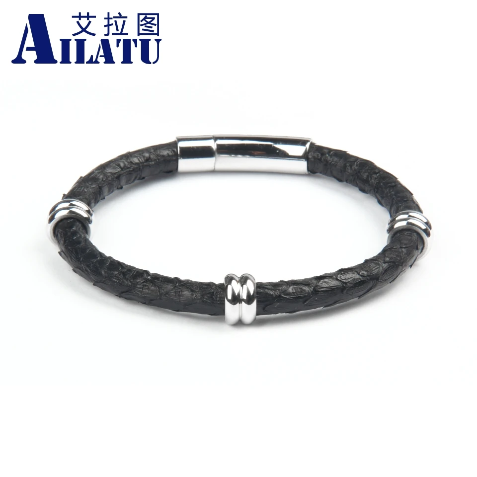 Ailatu Genuine Python Leather Bracelet with Stainless Steel Spacer Beads Clasp Buckle Bangle for Men Women | Украшения и