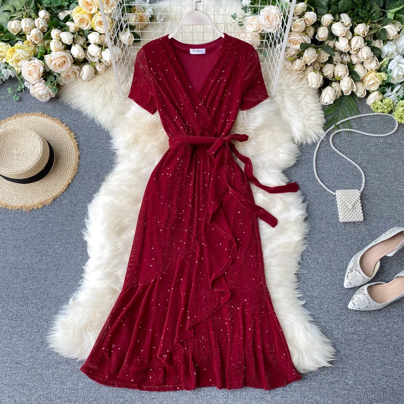 SINGRAIN Для женщин летние нерегулярные оборками платье миди отделанные блестками