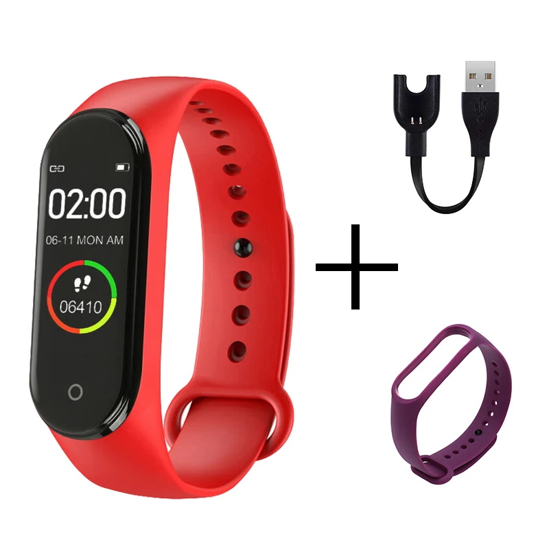 red purple strap Смарт-браслет M4, фитнес-трекер, часы, спортивный браслет, пульсометр, кровяное давление, монитор, SmartBand, браслет для здоровья для мужчин и женщин - Цвет: red purple strap