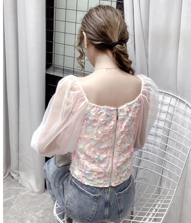 

2021 Early Spring New French Sexy Square-Neck Floral Women Top Lace Ruffled High Waist Short Chic Ladies Shirt Fashion Blusas