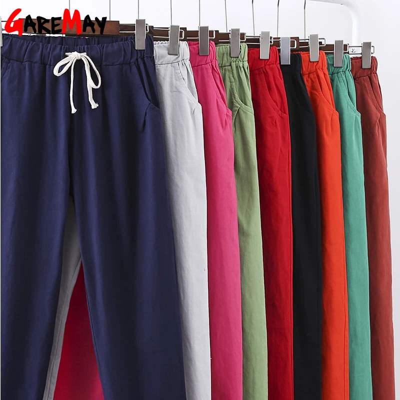 

GareMay Cotton Linen Pants for Women Trousers Loose Casual Solid Color Women Harem Pants Plus Size Capri Women's Summer