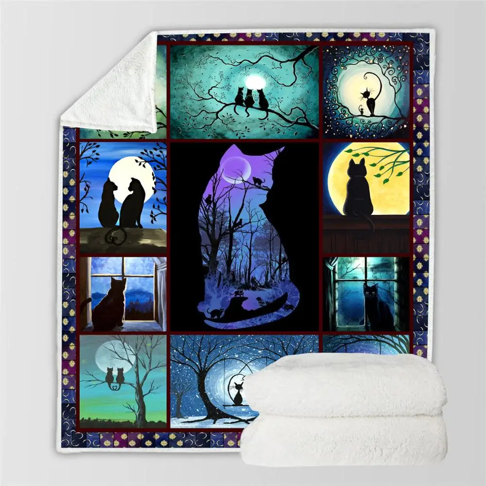 Мягкое Флисовое одеяло с Луной и котом покрывало для дивана постельное белье