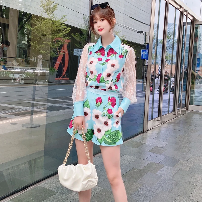 

Fashion High Quality Summer New Female Sets Lace Long Sleeve Shirt Top + Exquisite Print Shorts Casual Comfortable Two-Piece