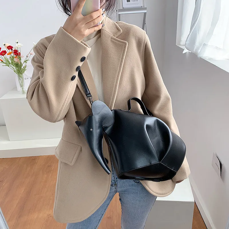 

Unique Elephant Shape Tote Bags for Women Luxury Pu Leather Solid Color Shoulder Bag Female Personalized Black Crossbody Handbag