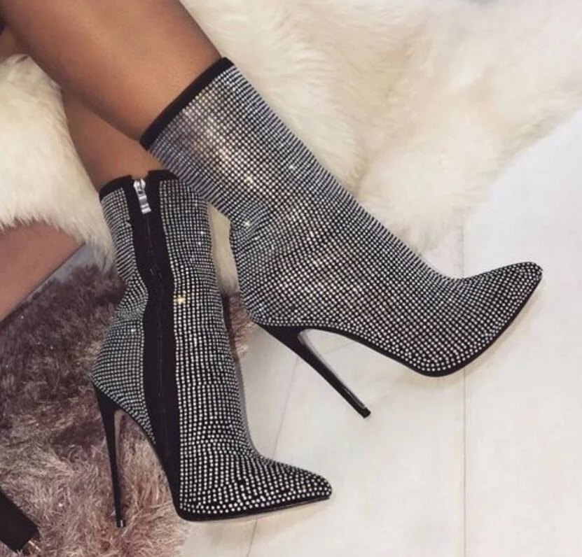 

Autumn and winter pointed Rhinestone high-heeled boots
