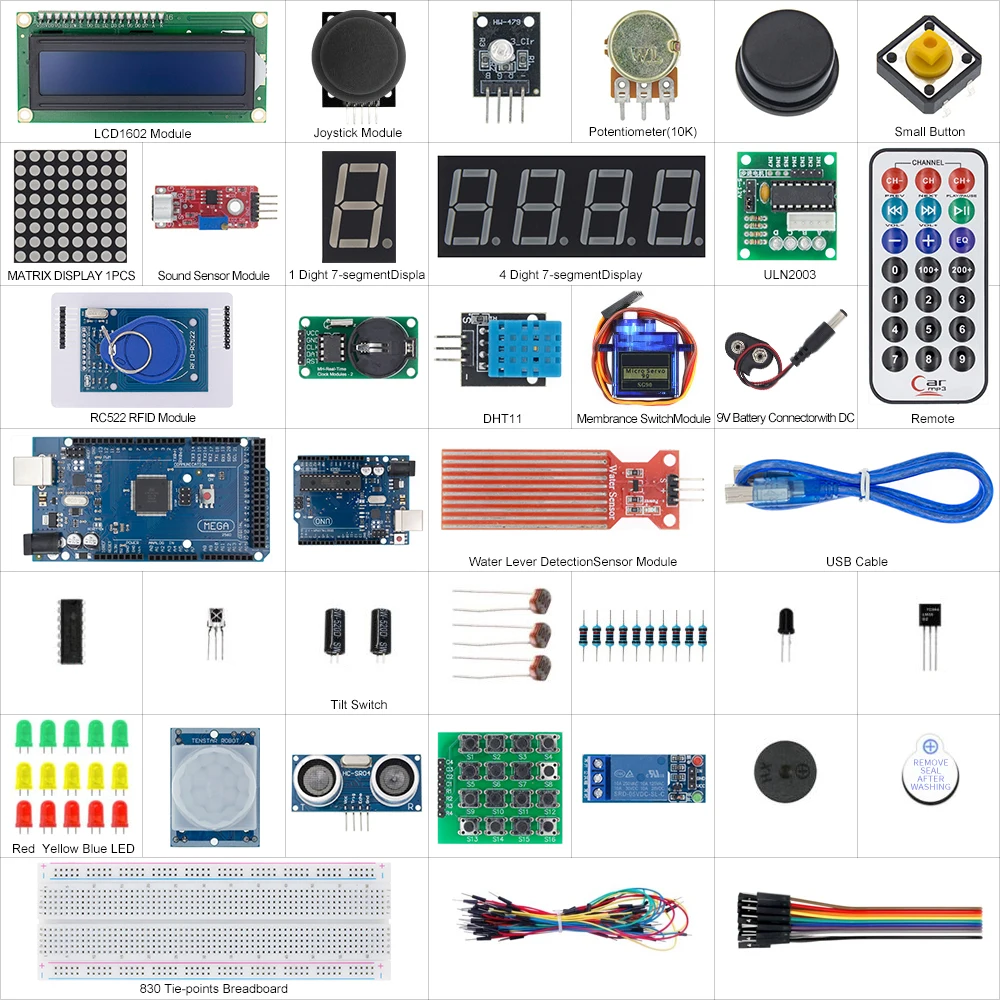 Стартовый набор для UNO r3 с MEGA 2560/Lcd1602 I2C/Hc sr04/Sg90/HC SR501/RC522/Dupont кабель в пластиковой