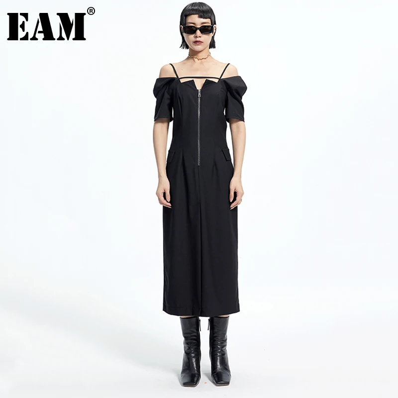 

[EAM] Women Black Off Shoulder Long Vintage Dress New Slash Neck Short Sleeve Loose Fit Fashion Tide Spring Summer 2022 1DE0606
