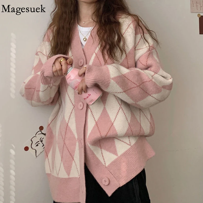 

V-neck Oversize Knitwear Korean Argyle Cardigan Women Knitted Sweater Loose Single Breasted Students Winter Cardigan Tops 17068