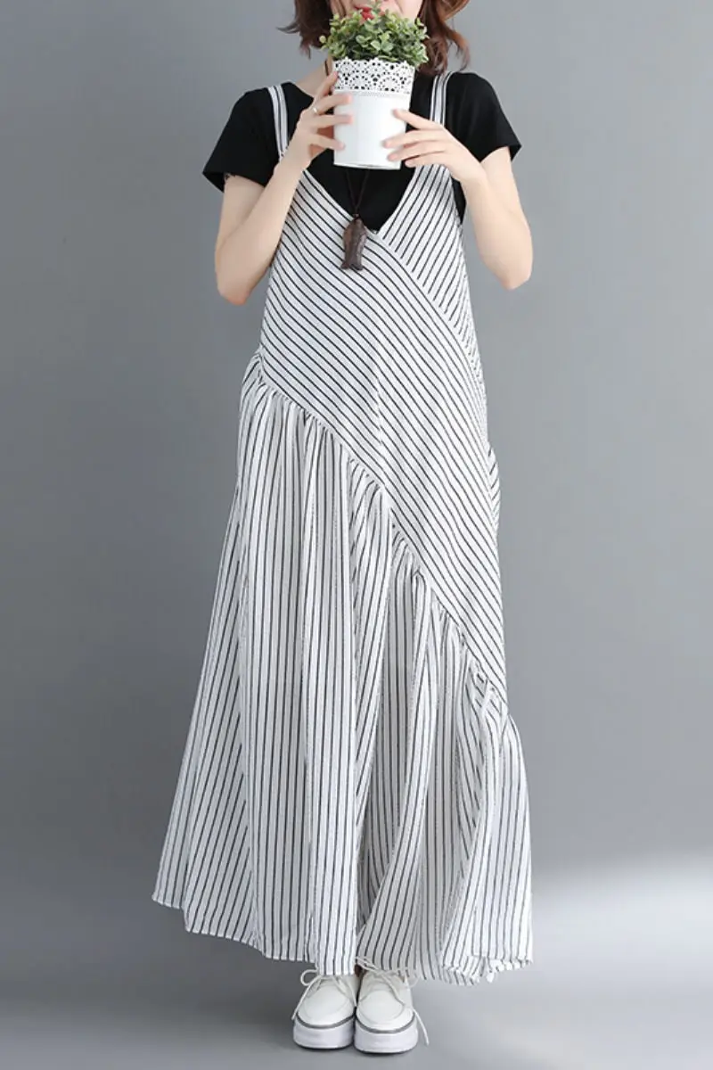 

Trend Bib Pants 2020 New Loose Large Size Wide Leg Pants Sling Jumpsuit Striped Pants Skirt Women Casual Fashion Clothing r244