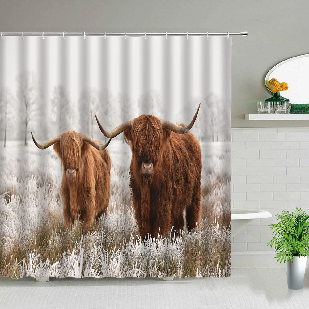 

Шторы для душа Highland с изображением коровы и животных, зимний ландшафт, водонепроницаемые тканевые фоновые занавески для ванной, Настенный д...