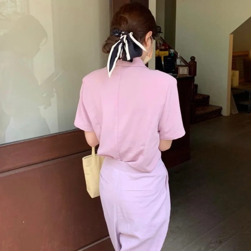 

Korejepo Women Jackets 2021 Summer Korean Chic French Temperament Lapel Pink Tender Skin Loose Three-Button Short-Sleeved Blazer