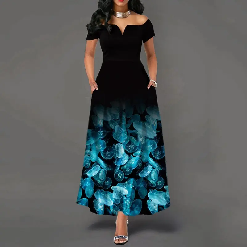 Плюс размер женский с цветочным принтом открытыми плечами Повседневное платье