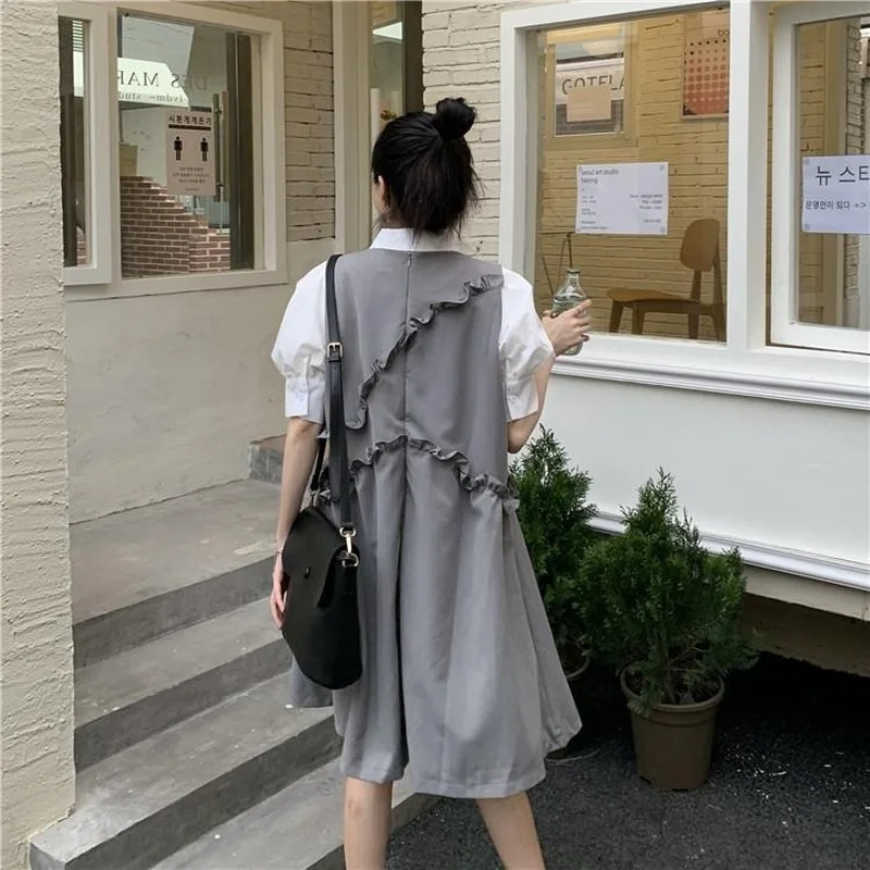 

Women Sets Summer Sleeveless-dress Peter Pan Collar Puff-sleeve Tops Fashion Korean Style Fungus-line Sweet Harajuku Chic New