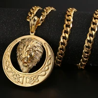 punk hip hop boys lion head knot pendant gold or black stainless steel necklace cuban chain jewelry 24inch
