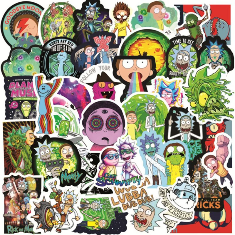 Pegatinas de dibujos animados de Rick y Morti para ni&ntilde;os, pegatinas de Anime impermeables para Skateboard, Maleta de viaje, bicicleta, port&aacute;til, pegatina de juguete, 50 Uds.-1