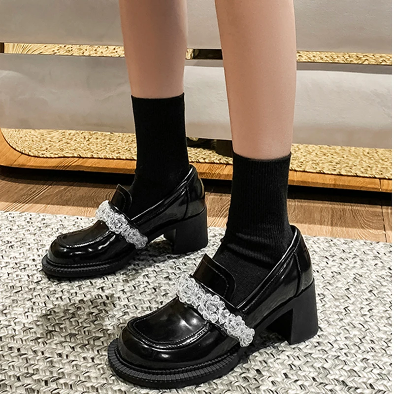 

Mary Jane shoes women Retro thick heel 2021 Spring new British style small leather shoes Crystal loafers big head doll shoes