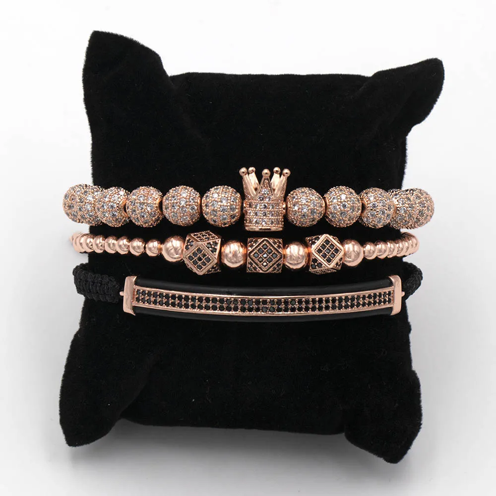 8MM CZ set rose gold Мода роскошный Римский Королевский браслет с шармом с короной для мужчин Золотой Плетеный Регулируемый мужской браслет для хип хоп ювелирный подарок - Metal Color: 8MM CZ set rose gold