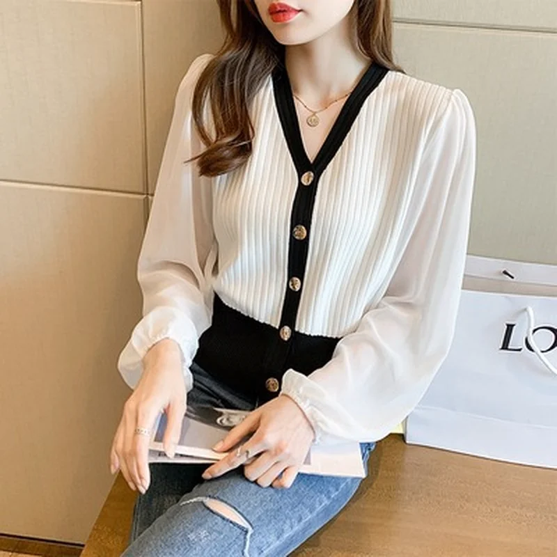 

Women Sweater Full Chiffon Sleeves Short V-neck Knitted Cardigan Tops Office Ladies Single Breasted Retro Regular Fit Knitwear
