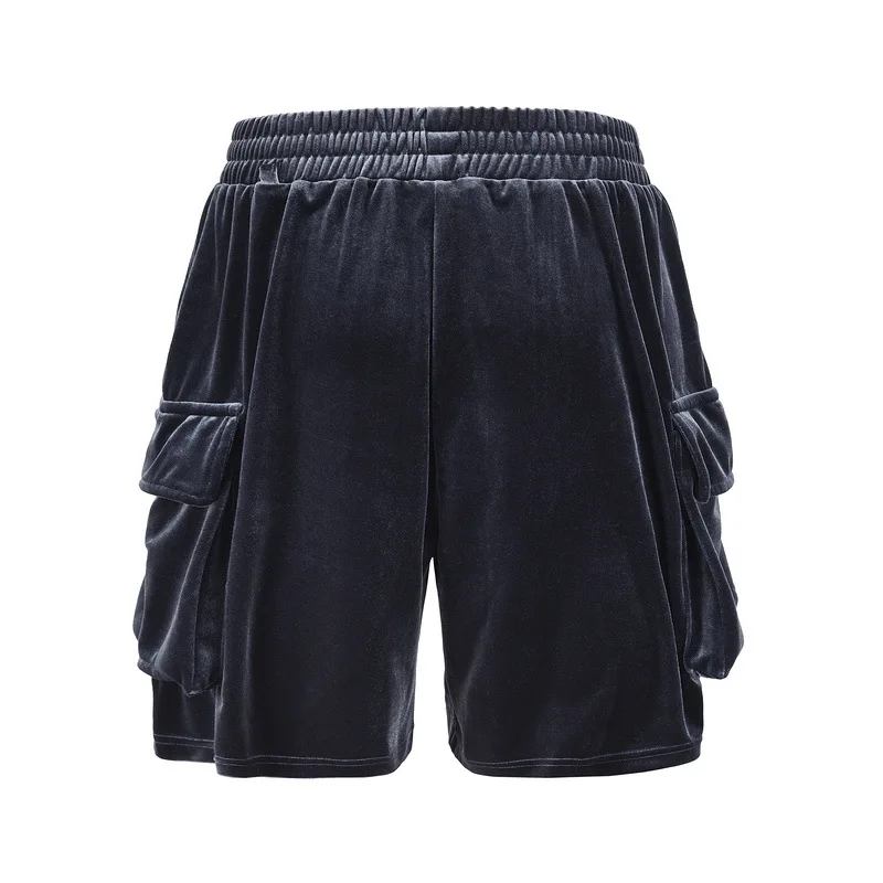 

SEVEYFAN 2021 Men's Hip Hop Gold Velvet Shorts Multi Pockekts Cargo Shorts for Male