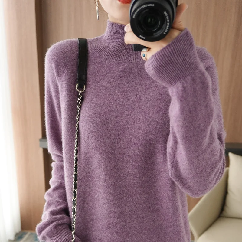 

2021 Autumn and Winter New Cashmere Sweater Women 100% Pure Wool Half High Neck Pullover Casual Knitted Tops Female Jacket Warm