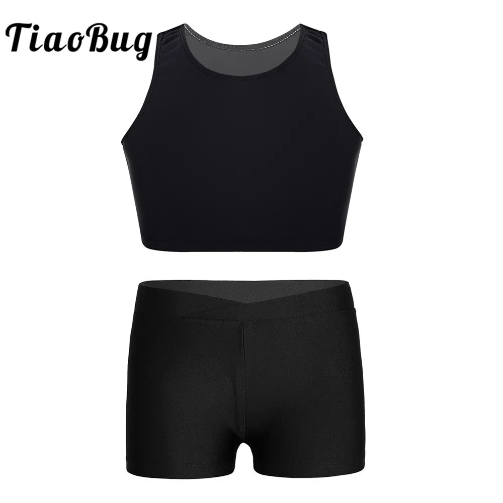 

Kids Girls Solid Color Sleeveless Basic Dancewear Crop Top with Shorts for Children Ballet Gymnastics Stage Performance Workout