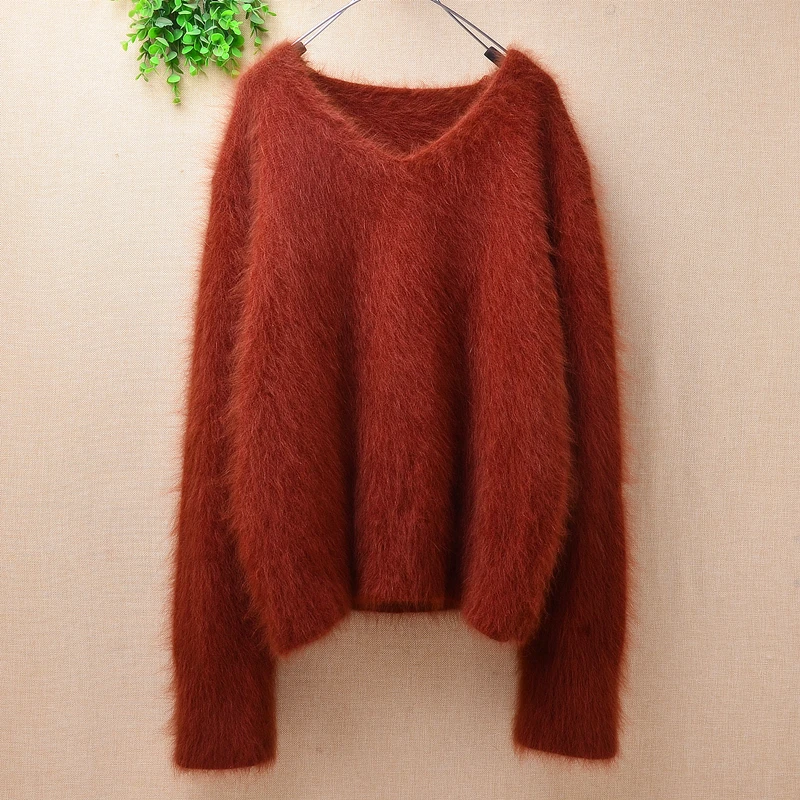 

Женский модный пушистый кашемировый вязаный пуловер из меха норки с длинными рукавами и V-образным вырезом, зимний джемпер из ангоры