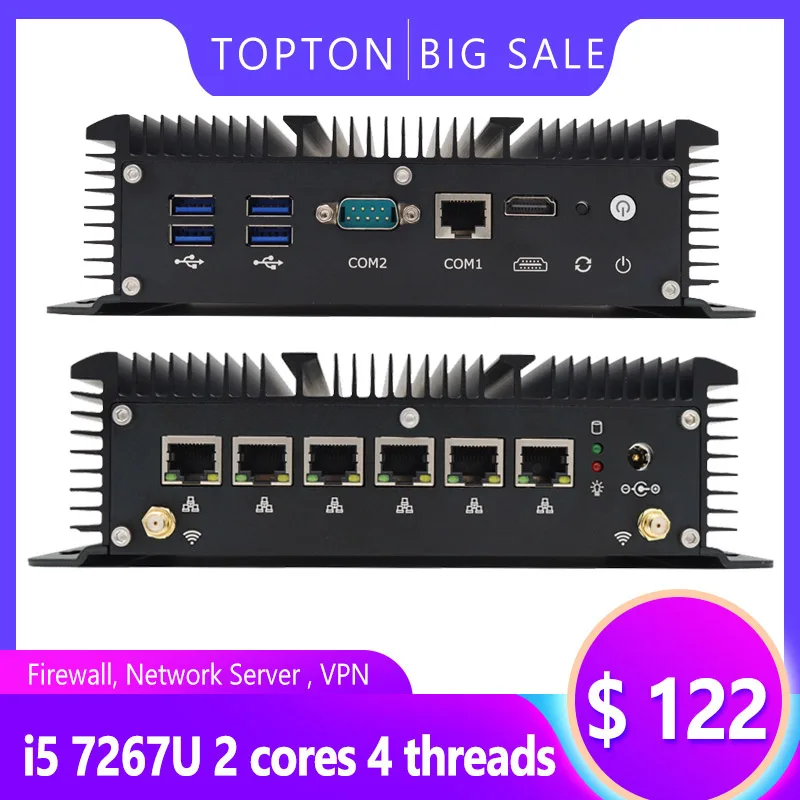 Topton безвентиляторный мини ПК Intel Core i5-7267U Celeron 3865U брандмауэр Pfsense роутер 4 * USB3.0 2 RS232