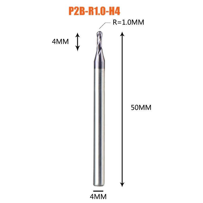 1PC-P2B-R1.0-H4 1 шт. торцевая фреза с шариковым концом 2 флейты R0.5-R6.0 фрезерный станок с ЧПУ для обработки металлических граней и пазов hrc50 концевые фрезы с покрытием - Длина режущей кромки: 1PC-P2B-R1.0-H4